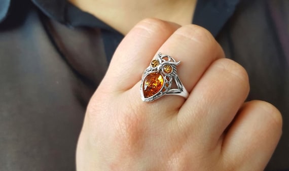 Adjustable Amber And Silver Owl Ring