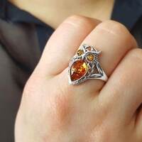 Adjustable Amber And Silver Owl Ring