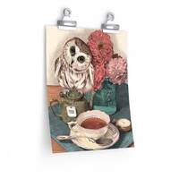 Tea Owl, Saw Whet Owl and Tea, original art by Wendy Berry, Premium Matte vertical posters