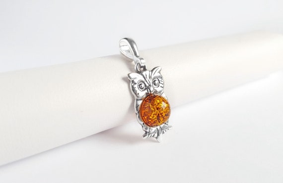 Small Amber Owl Pendant, Sterling Silver and Amber Owl Charm, Small Owl Necklace, Silver and Amber Stone Owl Jewelry, Graduation Necklace