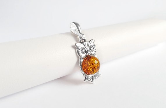 Small Amber Owl Pendant, Sterling Silver and Amber Owl Charm