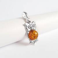 Small Amber Owl Pendant, Sterling Silver and Amber Owl Charm, Small Owl Necklace, Silver and...