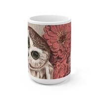 Saw Whet Owl , and Zinnias, Original Art, Ceramic Mug 15oz