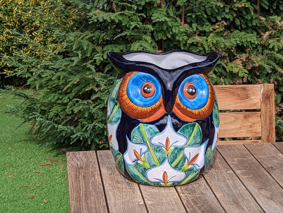 Talavera Owl Planter | Handmade Calla Lily Ceramic Pottery, 14" Mexican Garden Decor | Ships 6-15