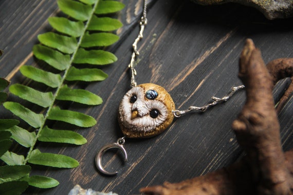 Barn Owl Starry Sky Necklace, Owl Crescent Moon Jewelry