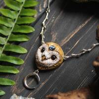 Barn Owl Starry Sky Necklace, Owl Crescent Moon Jewelry