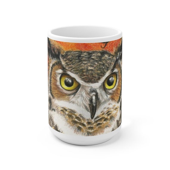 Great Horned Owl pencil art ceramic mug