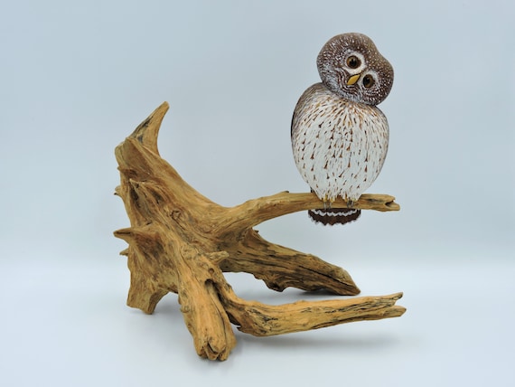 Pygmy owl, a wooden sculpture of an owl, Sperlingskauz, Chevechette.