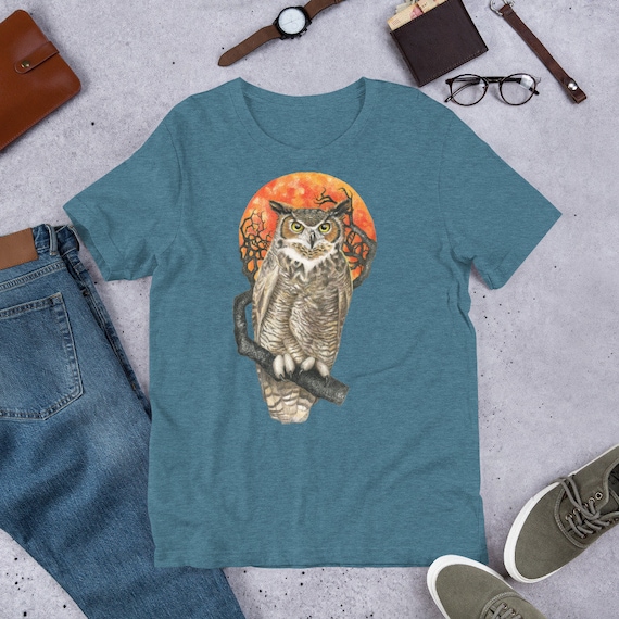 Blood Moon Owl, Great Horned Owl Drawing, Unisex t-shirt