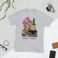 Wine Time Owl t-shirt, Original Art T-shirt, Casual Owl Shirt, Wine and Books Tee, Short-Sle...