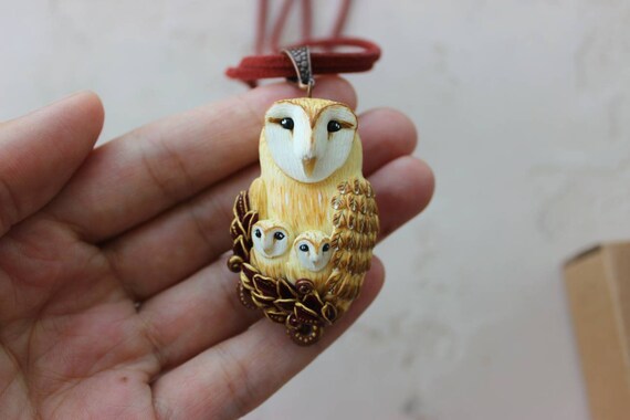 Owl mom with owlets Owl pendant with babies Original gift for your beloved mother Owls jewelry Barn owl Bird necklace Nature jewelry