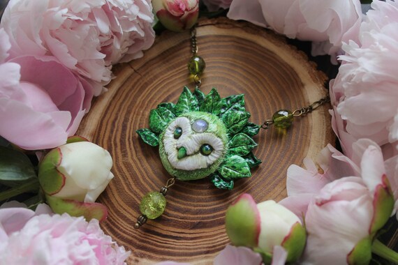 Green Barn Owl Necklace, Owl Fairy Pendant, Leaf Owl Moonstone Charm