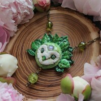 Green Barn Owl Necklace, Owl Fairy Pendant, Leaf Owl Moonstone...