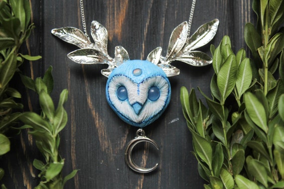 Blue Barn Owl Necklace, Barn Owl Charm, Bird Jewelry, Witchy Owl Pendant, Owl Totem Jewelry, Owl Spirit Animal Charm