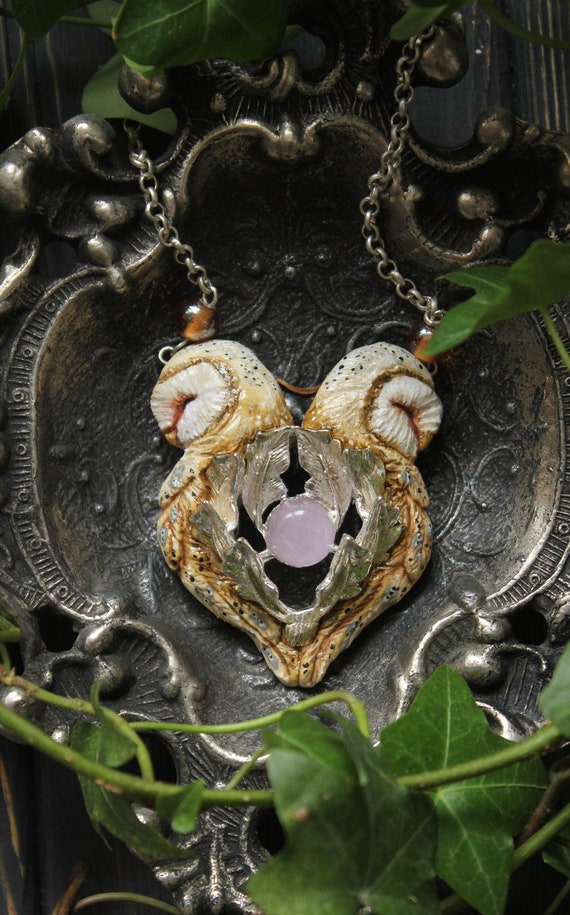 Twin Barn Owl heart Pendant necklace with amethyst