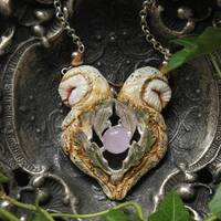 Twin Barn Owl heart Pendant necklace with amethyst