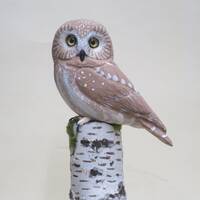 Live-sized Northern Saw-whet Owl wood carving