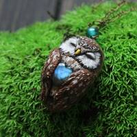 Boreal Owl With Juniper Necklace, Witch Owl Charm, Wicca Owl Necklace, Bird Jewelry, Magic O...