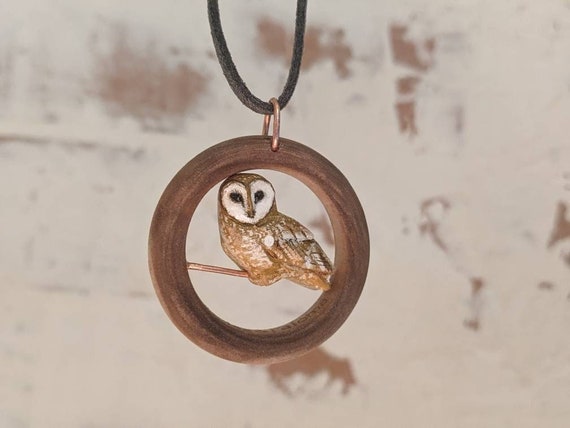 Barn owl pendant, owl gift, wooden pendant