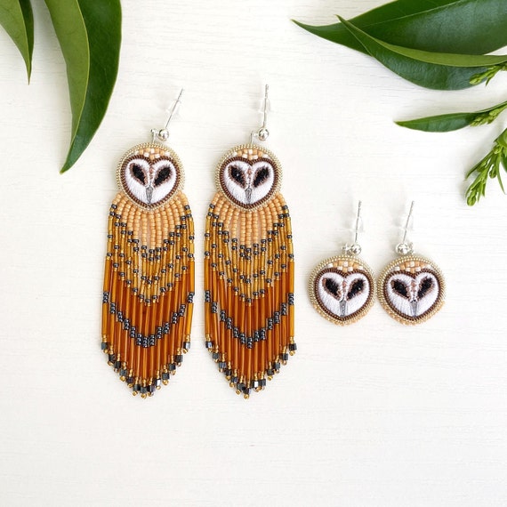 Beaded Barn Owl earrings in native American style