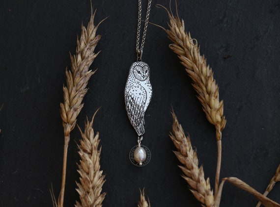 Owl Pendant - Barn Owl Silver Necklace - Wisdom Bird Necklace - Pearl Owl Charm - Forest Spirit Earrings