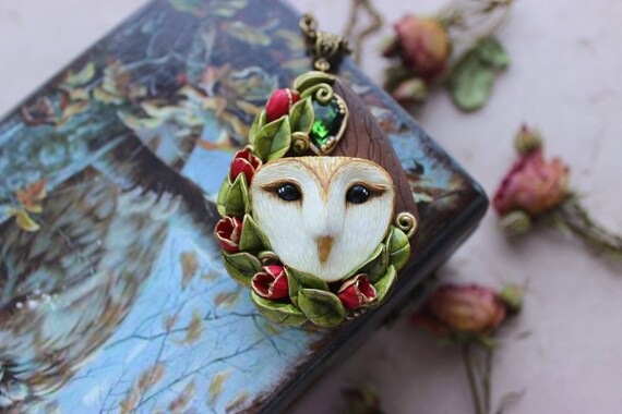 Owl jewelry Pendant with barn owl Bird necklace Nature jewelry with raptor bird Owl head and red flowers