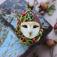 Barn Owl head Pendant with red flowers