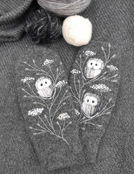 Knitted and felted lined winter mittens with embroidery owl,soft and casual double mittens,winter accessories,lovely Christmas gift.