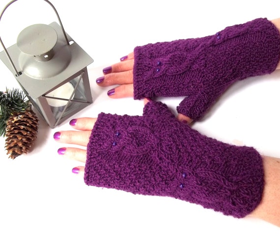 Purple Owl Gloves, Knit Fingerless Mittens