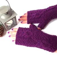 Purple Owl Gloves, Knit Fingerless Mittens