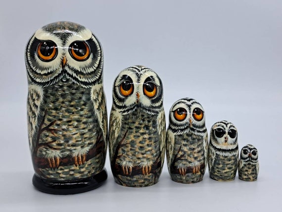 Polar owl Nesting dolls Matryoshka Hand made Bird Russian doll 7" tall 5 in 1