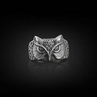 Owl Mens Ring in Oxidized Silver