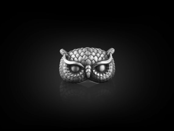 Owl Oxidized Sterling Silver Mens Ring