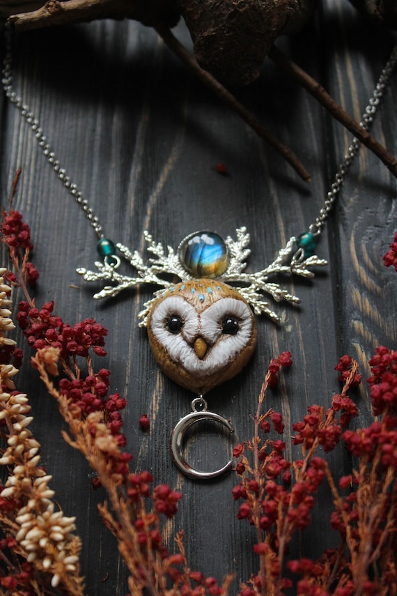 Barn Owl With Juniper and Labradorite Necklace