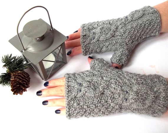Gray Owl Gloves, Knit Fingerless Mittens