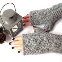 Gray Owl Gloves, Knit Fingerless Mittens