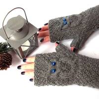 Gray Owl Gloves, Knit Fingerless Mittens, Knitted Fingerless Gloves, Knit Wrist Warmers, Han...