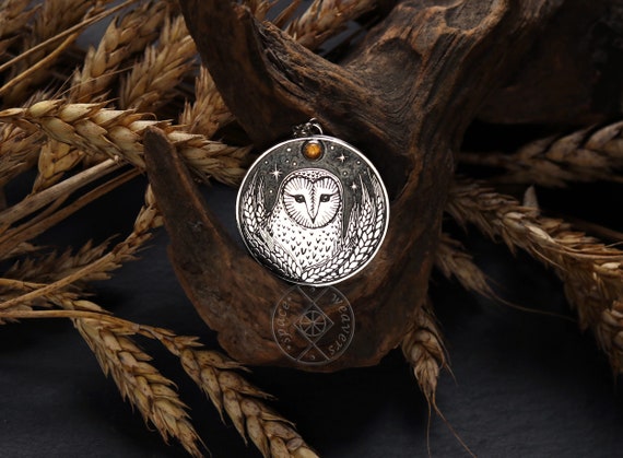 Owl and Moon Necklace - Barn Owl Pendant - Silver Owl Necklace - Citrine Harvest Necklace - Moon Necklace