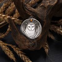 Owl and Moon Necklace - Barn Owl Pendant - Silver Owl Necklace - Citrine Harvest Necklace - ...