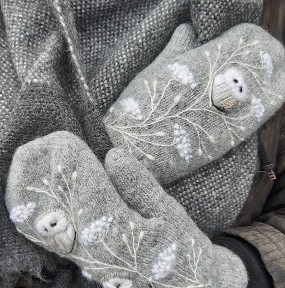 Merino wool lined winter mittens with embroidery owl,wool knitted and felted double mittens,winter accessories,Christmas gift for her.