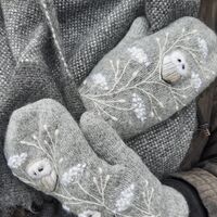 Merino wool lined winter mittens with embroidery owl,wool knitted and felted double mittens,...