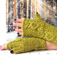 Grass Green Owl Gloves, Knit Fingerless Mittens, Knitted Fingerless Gloves, Knit Wrist Warme...