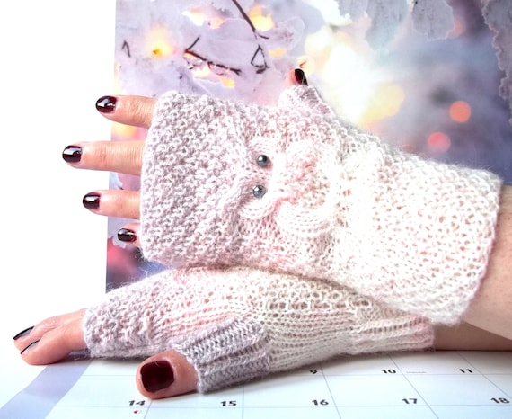 White Pink Owl Gloves, Knit Fingerless Mittens, Knitted Fingerless Gloves, Knit Wrist Warmers, Hand Knit Gloves, Cute Owl Gift for Her.