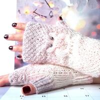 White Pink Owl Gloves, Knit Fingerless Mittens, Knitted Fingerless Gloves, Knit Wrist Warmer...