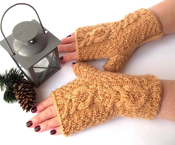 Beige Owl Gloves, Knit Fingerless Mittens