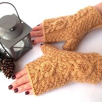 Beige Owl Gloves, Knit Fingerless Mittens