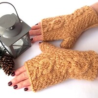 Beige Owl Gloves, Knit Fingerless Mittens, Knitted Fingerless Gloves, Knit Wrist Warmers, Ha...