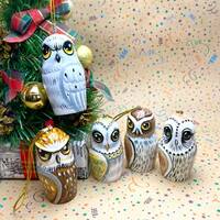 Owls Hand Painted Wooden Doll Ornament Set
