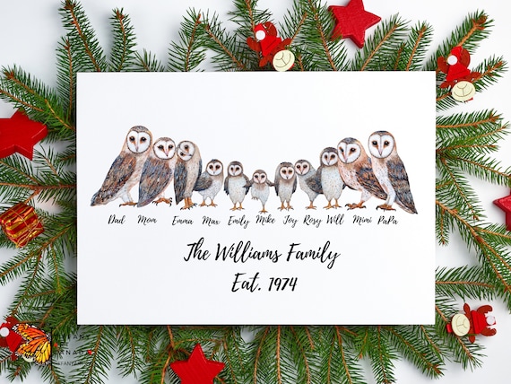 Personalized Owl Family Portrait Custom Print