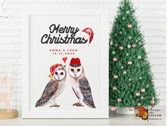 Barn Owl Couple Personalized Christmas Print